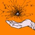 A black and white line-drawing of a gloved hand holds a spark over a yellowy-orange background